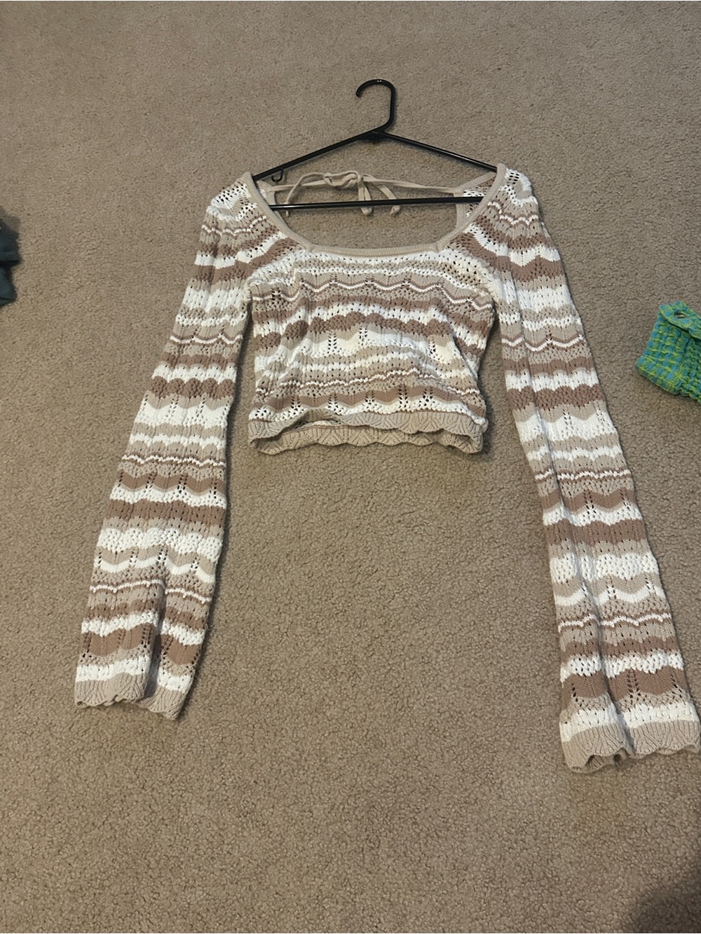 Hollister Cream & Tan Striped Crochet Long-Sleeve Crop Top